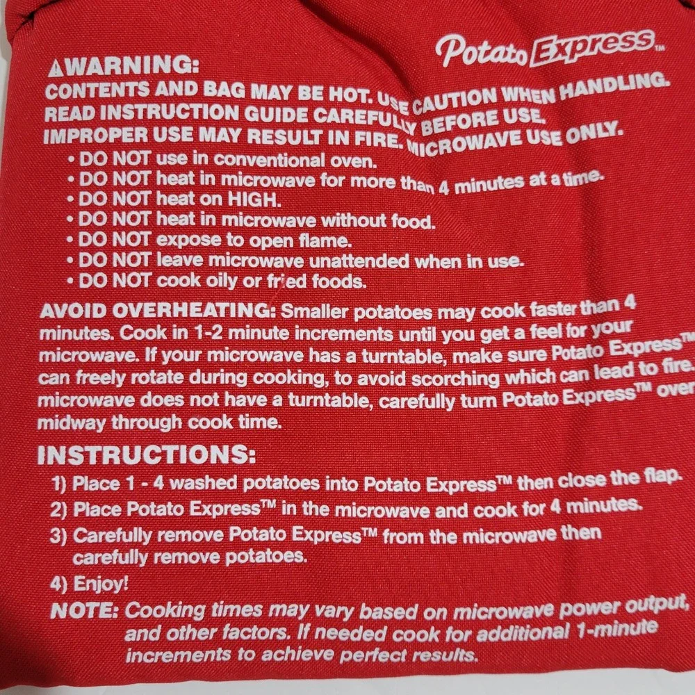 Potato Express Microwave Potato Cooker Bag Red Cooks‎ Up to 4 Potatoes in 4 Min